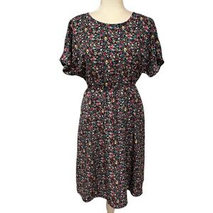 Black Floral Midi Dress with Pink and Green Accents